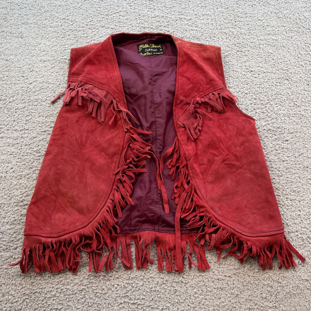 Vintage Golden Thread Brill Bros Red Suede Fringe Vest Women Medium 70s Western